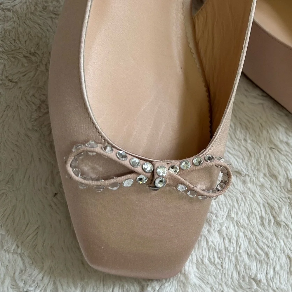 J. Crew Anya Slingback Blush Pink Satin Crystal Bow NWT